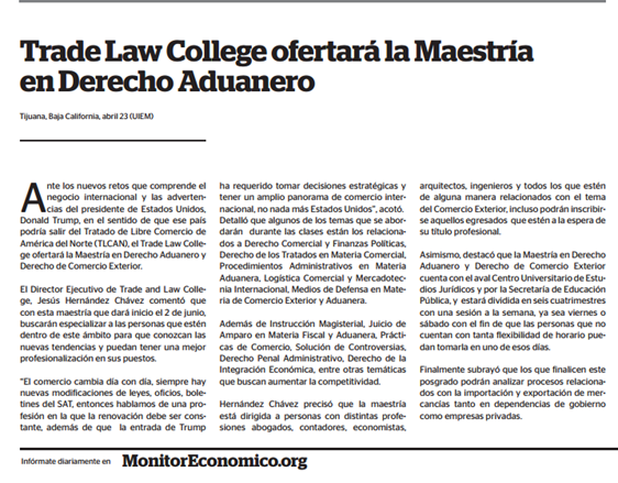 TRADE LAW COLLEGE OFERTARÁ LA MAESTRÍA EN DERECHO ADUANERO